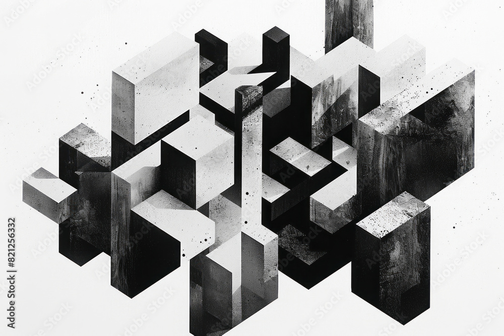 Poster minimalist illustration with isometric cubes in monochrome shades, arranged to create a sleek and st