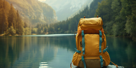 Yellow backpack on a beautiful lake landscape background, copy space Concept: Hiking vacation, packing for summer trekking in the mountain, backpackers, adventure trips with backpack. 