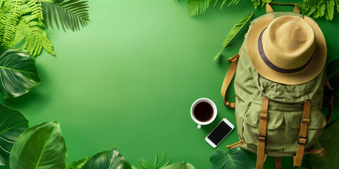  Travel Backpack on a green background, copy space creative colorful photography. Concept: Hiking vacation, packing for summer trekking in the mountain, backpackers, adventure trips with backpack. 