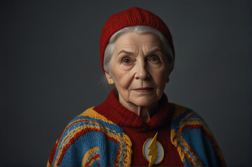 Old lady in superhero sweater
