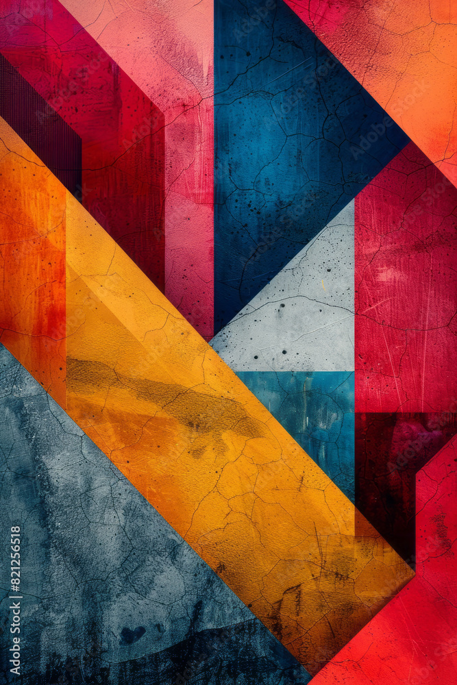 Leinwandbilder Abstract composition with isometric triangles and hexagons in bold colors, forming a modern and edgy background,