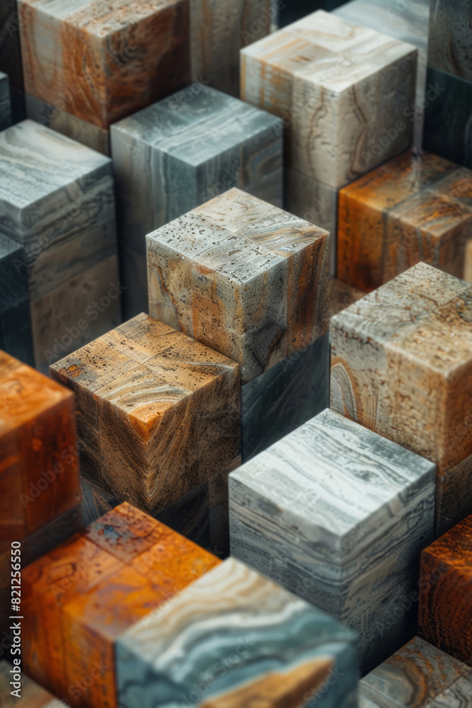 Poster artistic depiction of isometric cubes in earth tones, arranged to create a modern and natural-lookin