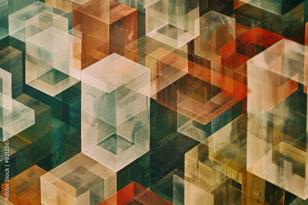 Poster Illustration featuring transparent isometric cubes layered over each other, creating a sense of depth and complexity,