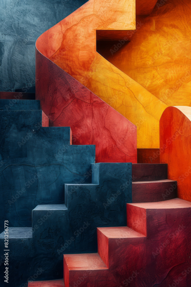 Poster abstract design featuring isometric pyramids and hexagons in bold colors, adding depth and dimension