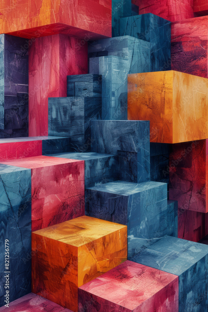 Poster Abstract design featuring isometric pyramids and hexagons in bold colors, adding depth and dimension,