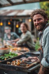 Portrait of man barbecuing, family and friends having fun at nice barbecue in the summer. Grilling sausages, meat, vegetables outside in the backyard at garden party.