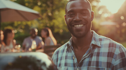 Portrait of a black man barbecuing, family and friends having fun at nice barbecue in the summer. Grilling sausages, meat, vegetables outside in the backyard at garden party.