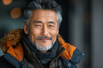 Obraz premium Close up of person in jacket and scarf in winter against blurred background, portrait for marketing