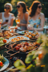 Young friends having fun at nice barbecue in the summer. Grilling sausages, meat, vegetables outside in the backyard at garden party.