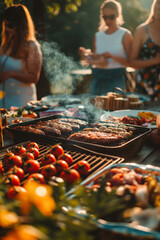 Young friends having fun at nice barbecue in the summer. Grilling sausages, meat, vegetables outside in the backyard at garden party.