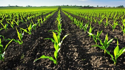 Agriculture shot rows of young corn plants growing on a vast field with dark fertile soil leading to the horizon