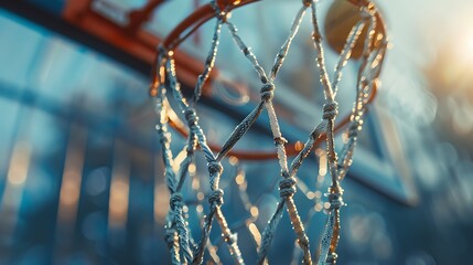A close-up of a basketball net as a ball swishes through, caught mid-motion.