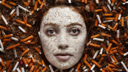 Deadly Beauty: Face Surrounded by Cigarette Butts