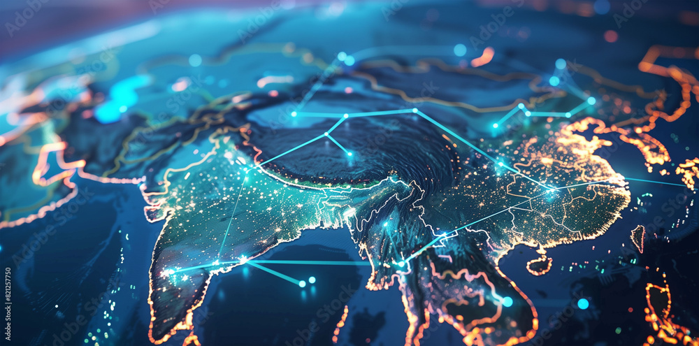 Wall mural asia's digital landscape, global network connectivity, cyber technology, data transfer, business exc