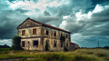 Fototapeta premium Derelict Building in Remote Countryside, Ruined Structure with Expansive Cloudy Sky