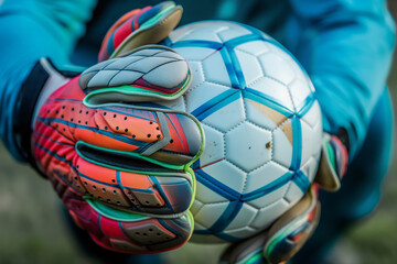 Goalkeeper holding soccer ball with gloved hands