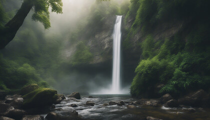 Serene Waterfall Cascading Down Rocky Cliff Surrounded by Lush Green Forest