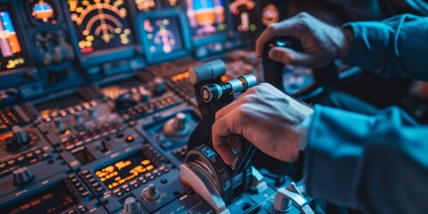 Pilot's hands adjusting throttle and controls in a dark cockpit during a flight