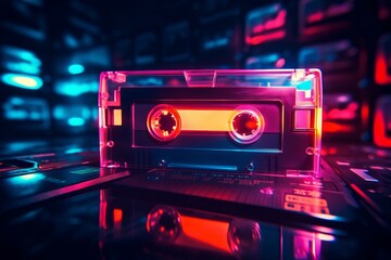 Neon cassette glowing brightly, close up, focus on retro vibes, vibrant, Composite, Dark room backdrop