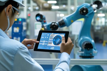 A man is using a tablet to view a robot in a factory. The robot is blue and has a large screen on its side. The man is wearing a hard hat and he is focused on the tablet
