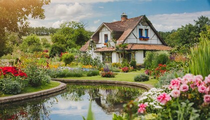 house with a beautiful garden with flowers, and a pond