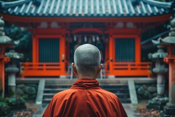 buddhist monk in an orange cassock stands with his back against the background of the temple