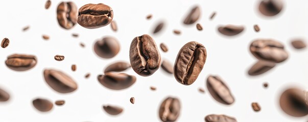 Obraz premium flying coffee beans on a white background, depth of field, advertising style