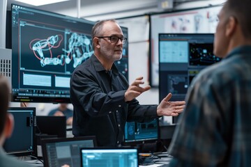 A man is standing in front of a computer monitor with a group of people around him. He is pointing at the screen and talking to the group. Scene is serious and focused