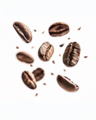 Fototapeta premium flying coffee beans on a white background, depth of field, advertising style