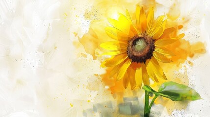 Yellow water color paint sunflower with green leaf white background. AI generated