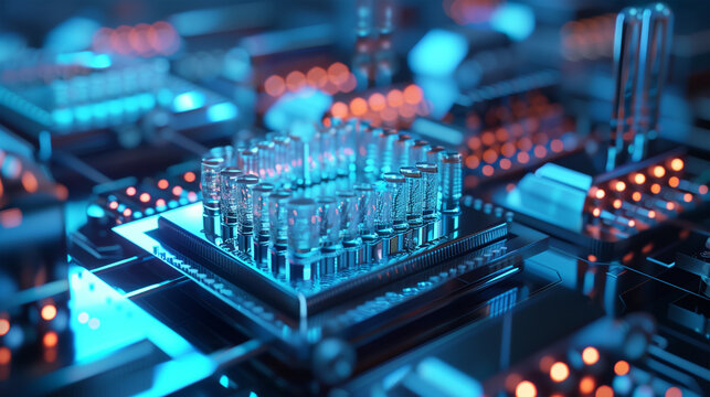 Dynamic visualization of quantum computing mechanisms, featuring qubits in a high-tech environment