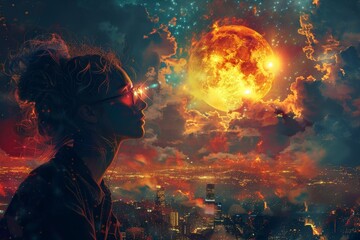 A contemplative silhouette stands before a surreal cosmic moon, evoking a sense of wonder