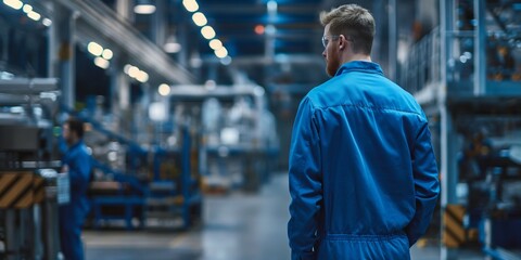 A male worker in blue uniform is looking at the factory production line, supervising the process