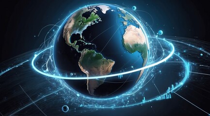 Digital data network conveying global data network surrounding planet earth conveying connectivity