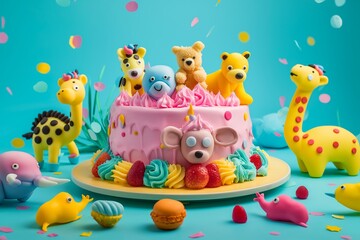 Obraz premium A vibrant and jovial birthday cake decorated with fondant animals and colorful icing, perfect for children's celebrations.