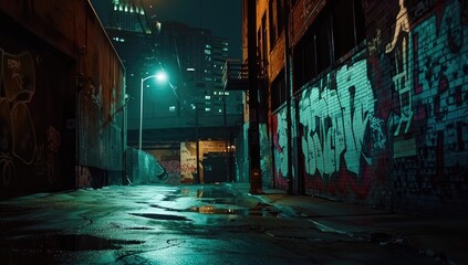 Nighttime Urban Alley with Graffiti Art
