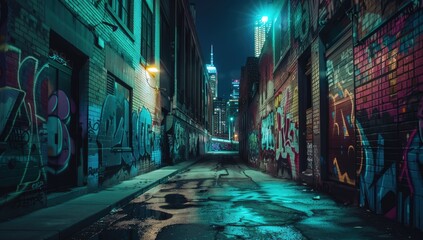 Obraz premium Nighttime Urban Alley with Graffiti Art