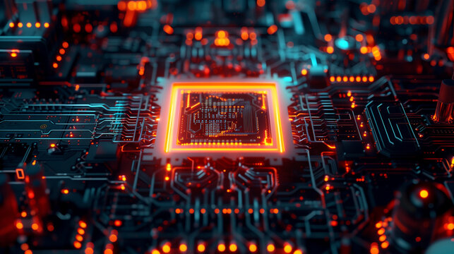 Illustration of a quantum computer core, visualized with glowing qubits and intricate circuitry in a high-tech lab environment