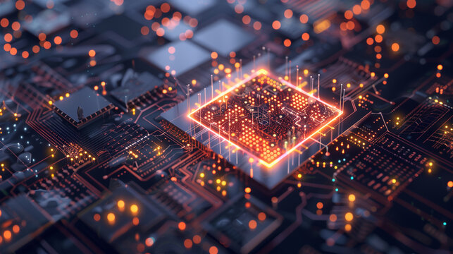 Illustration of a quantum computer core, visualized with glowing qubits and intricate circuitry in a high-tech lab environment