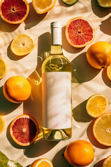 Top view of white wine bottle with white empty wine label with colorful lemon, orange, and grapefruit slices on a beige background in sunlight, Generative AI