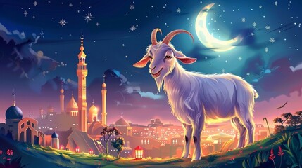 eid al adha, bakra eid wallpaper, happy goat with mosque in background
