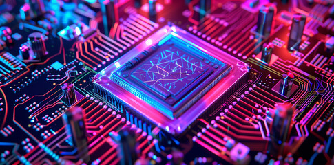 Fototapeta premium A quantum processor chip visualized with superconducting circuits and subatomic particles in motion