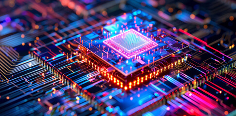 A quantum processor chip visualized with superconducting circuits and subatomic particles in motion