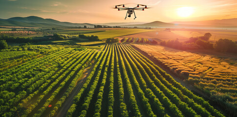 Panoramic view of a futuristic agricultural landscape with drone pollinators and automated farming...