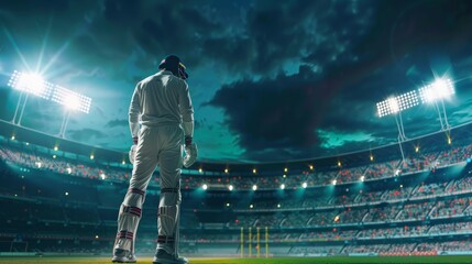 Cricket player standing ready in the middle of cricket arena stadium