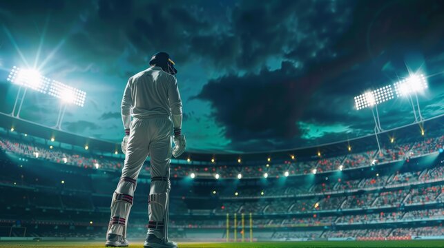 Cricket player standing ready in the middle of cricket arena stadium - Powered by Adobe