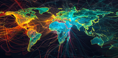 Undersea cable network map visualizing global internet traffic flows and data exchange hubs in vibrant, dynamic colors