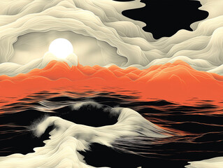 Abstract black and orange seascape with waves and sun, ideal for wallpaper or zen pattern.