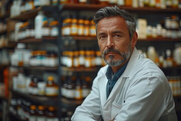Fototapeta premium A middle-aged male pharmacist in a white lab coat stands confidently in a pharmacy