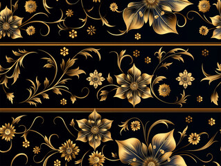 luxurious floral pattern with golden flowers on a dark background, ideal for wallpaper or backdrop.
